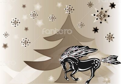 Beautiful abstract background with a horse, tree and snowflakes