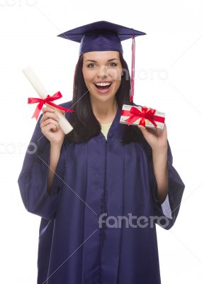 Female Graduate with Diploma and Stack of Gift Wrapped Hundreds