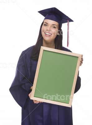 Mixed Race Female Graduate in Cap and Gown Holding Chalkboard