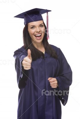 Mixed Race Graduate in Cap and Gown with Thumbs Up