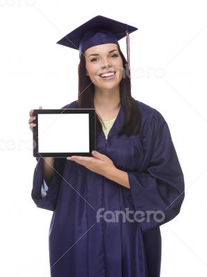 Female Graduate in Cap and Gown Holding Blank Computer Tablet