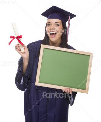 Female Graduate in Cap and Gown Holding Diploma,Blank Chalkboar