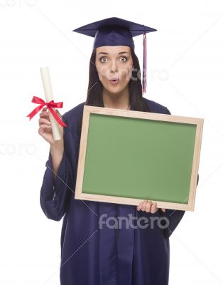 Female Graduate in Cap and Gown Holding Diploma,Blank Chalkboar