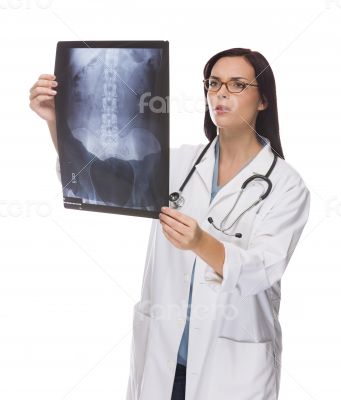 Mixed Race Female Doctor or Nurse Reviewing X-ray on White