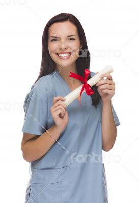 Mixed Race Female Nurse or Doctor With Diploma Wearing Scrubs