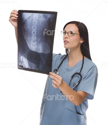 Mixed Race Female Doctor or Nurse Reviewing X-ray on White