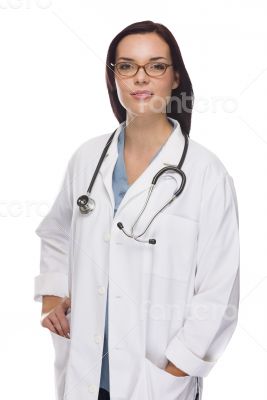 Mixed Race Female Nurse or Doctor Wearing Scrubs and Stethoscope