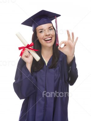 Mixed Race Graduate in Cap and Gown Holding Her Diploma