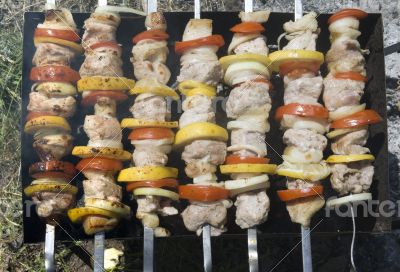 Raw shashlik on a skewer