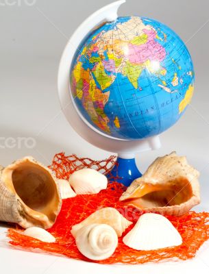 Seashells and small globe on a book with a geographical map.