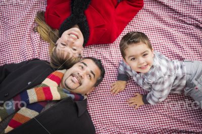 Family in Winter Clothing Laying on Their Backs in Park