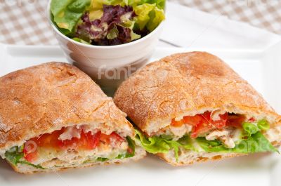 ciabatta panini sandwich with chicken and tomato