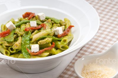 Italian penne pasta with sundried tomato and basil