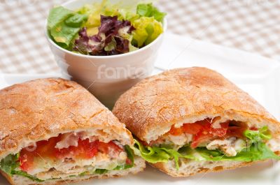 ciabatta panini sandwich with chicken and tomato