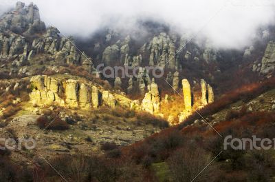 Oddly shaped rocks of mount Southern Demerdji in Crimea 