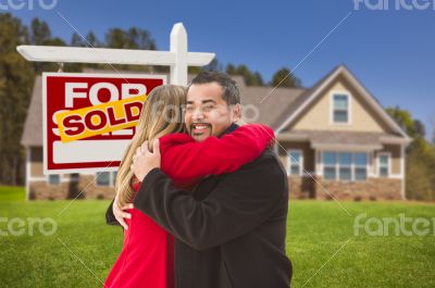 Mixed Race Couple, House, Sold Real Estate Sign