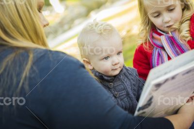 Mother Reading a Book to Her Two Adorable Blonde Children