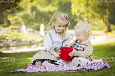 Little Girl Gives Her Baby Brother A Gift at Park