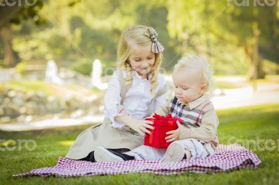 Little Girl Gives Her Baby Brother A Gift at Park Little Girl Gives Her Baby Brother A Gift at Park