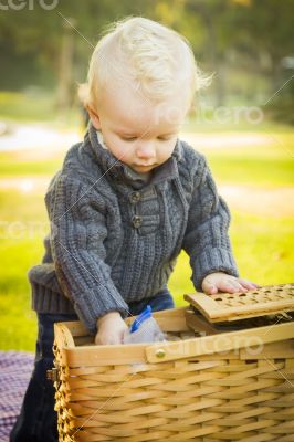 Blonde Baby Boy Opening Picnic Basket Outdoors at the Park Blonde Baby Boy Opening Picnic Basket Outdoors at the Park
