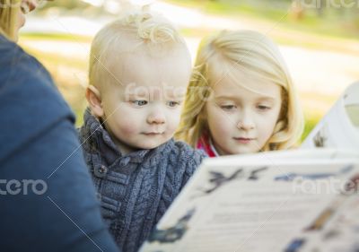 Mother Reading a Book to Her Two Adorable Blonde Children