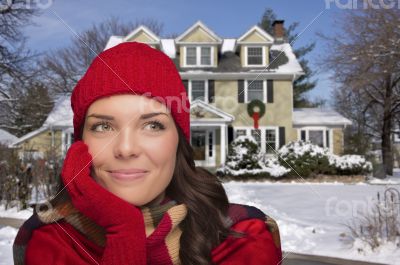 Smiling Mixed Race Woman in Winter Clothing Outside in Snow