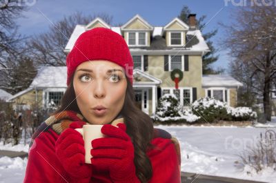 Woman in Winter Clothing Holding Mug Outside in Snow