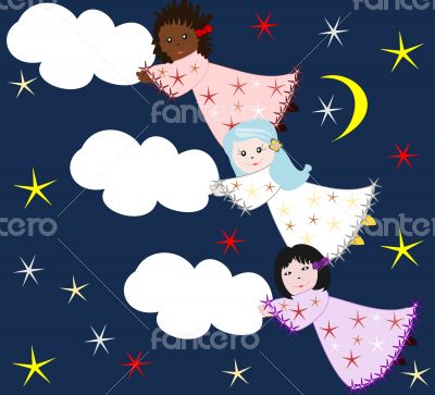 Cute girls of different races flying across the sky with clouds