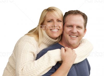 Happy Attractive Couple Hugging Isolated on White