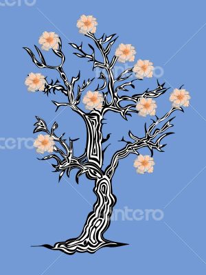 Fantastic tree with flowers on a blue background 