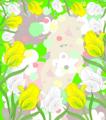 Lovely white and yellow tulips in bloom on an abstract backgroun