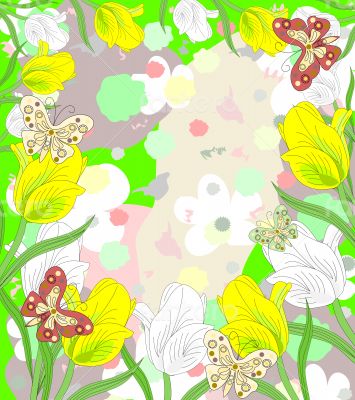 Lovely white and yellow tulips blooming with butterflies on abst Lovely white and yellow tulips blooming with butterflies on abst