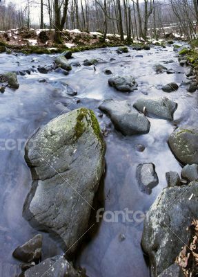 River bank and in clear water of stream. Winter is beginning at 