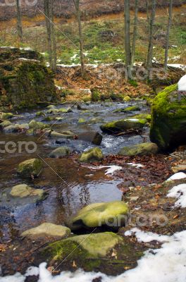 Winter is beginning at mountain river.