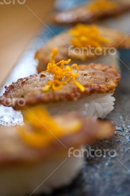 Japanese style sushi fried goose liver