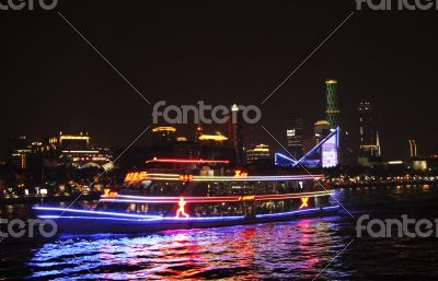 Ship moving by Pearl river in the night Ship moving by Pearl river in the night
