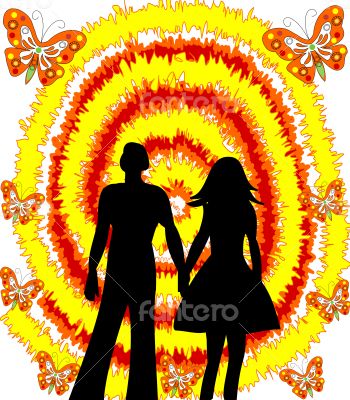 Loving couple man and woman on abstract bright 