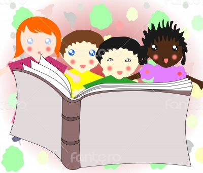 Children of different races reading a book 