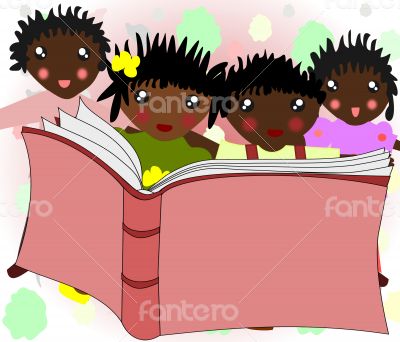 African children are reading a book together 