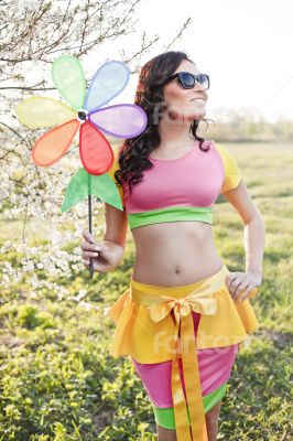 Woman with toy turbine summer vacation Woman with toy turbine summer vacation