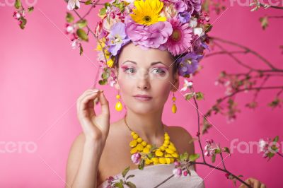 Flower hat spring fashion sexy female in dress