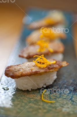 Japanese style sushi fried goose liver