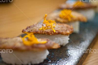 Japanese style sushi fried goose liver