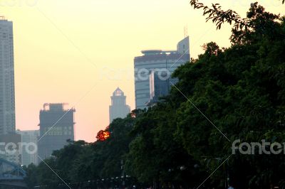 Sunset over Pearl river. Summertime evening in Guangzhou