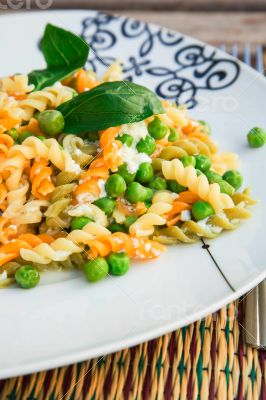 Italian pasta with ricotta cheese,olive oil and fresh green peas