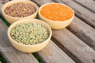 Three types of dried lentil