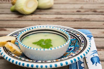 Fennel cream soup in the traditional tunisian plate