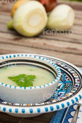 Fennel cream soup in the traditional tunisian plate