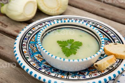 Fennel cream soup in the traditional tunisian plate