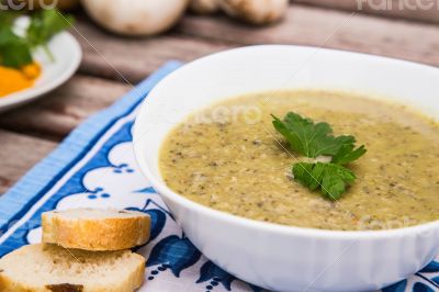 Mushroom cream soup in the white plate